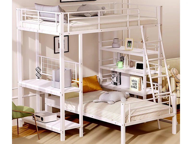 Lit superposé 90X200cm - Avec plusieurs compartiments de rangement - Structure en métal - Avec échelle de sécurité - Avec garde-corps - Blanc (sans matelas)