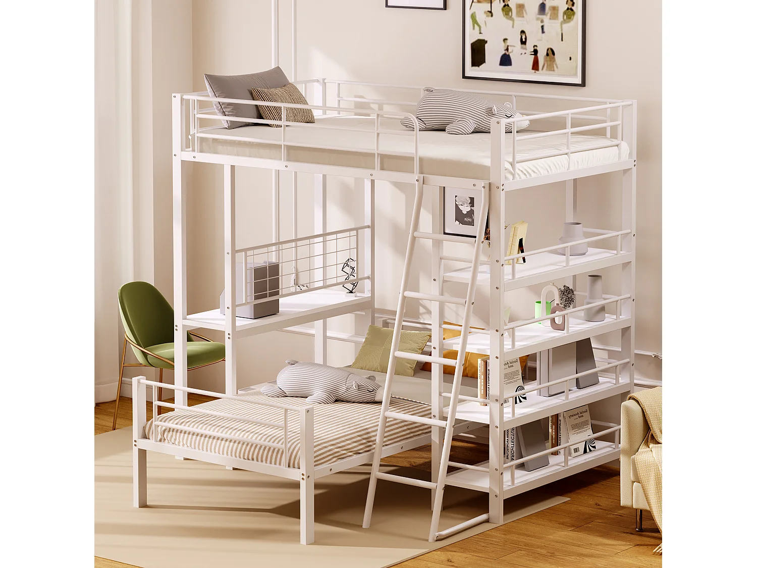 Lit superposé 90X200cm - Avec plusieurs compartiments de rangement - Structure en métal - Avec échelle de sécurité - Avec garde-corps - Blanc (sans matelas)