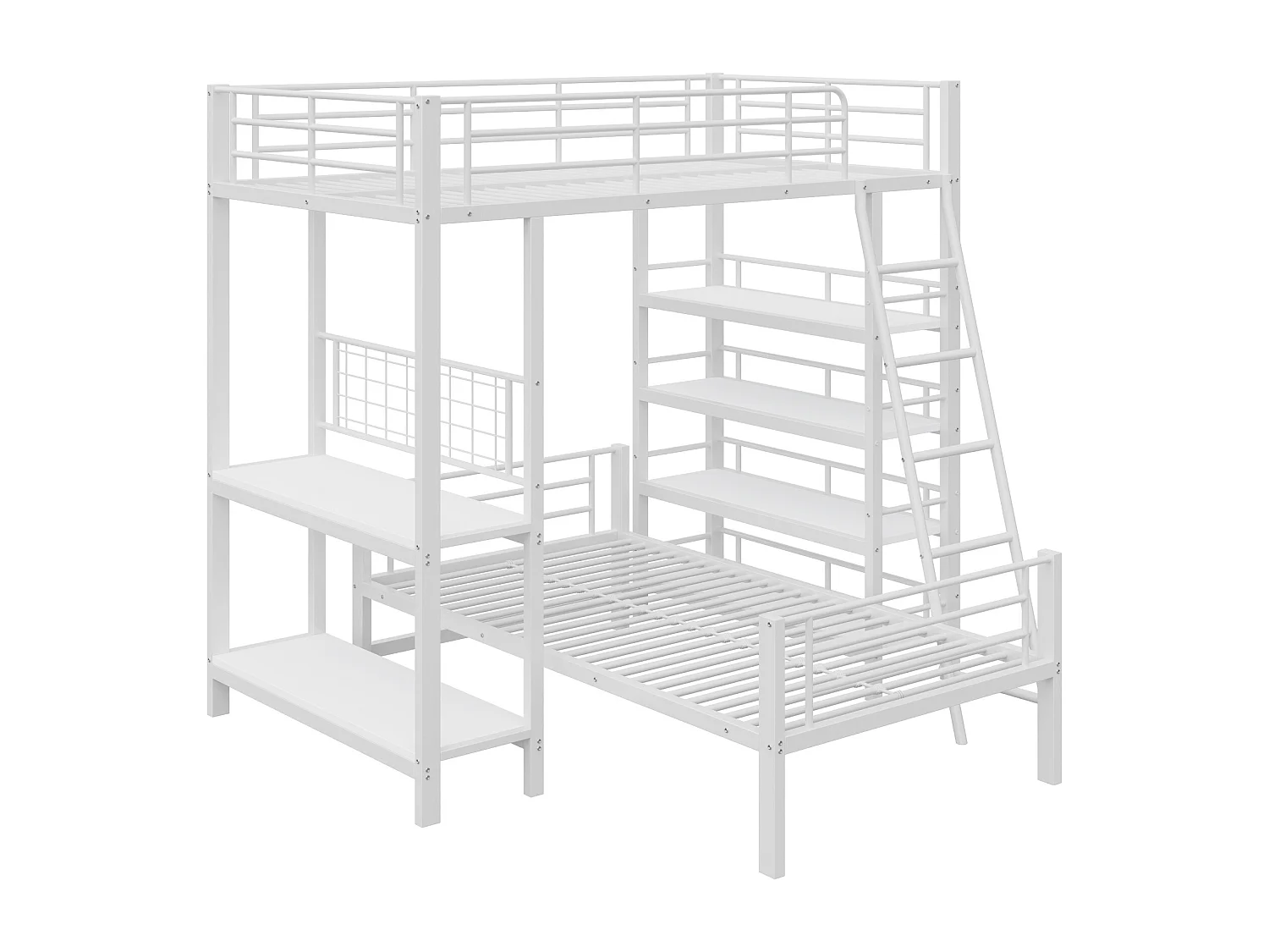 Lit superposé 90X200cm - Avec plusieurs compartiments de rangement - Structure en métal - Avec échelle de sécurité - Avec garde-corps - Blanc (sans matelas)