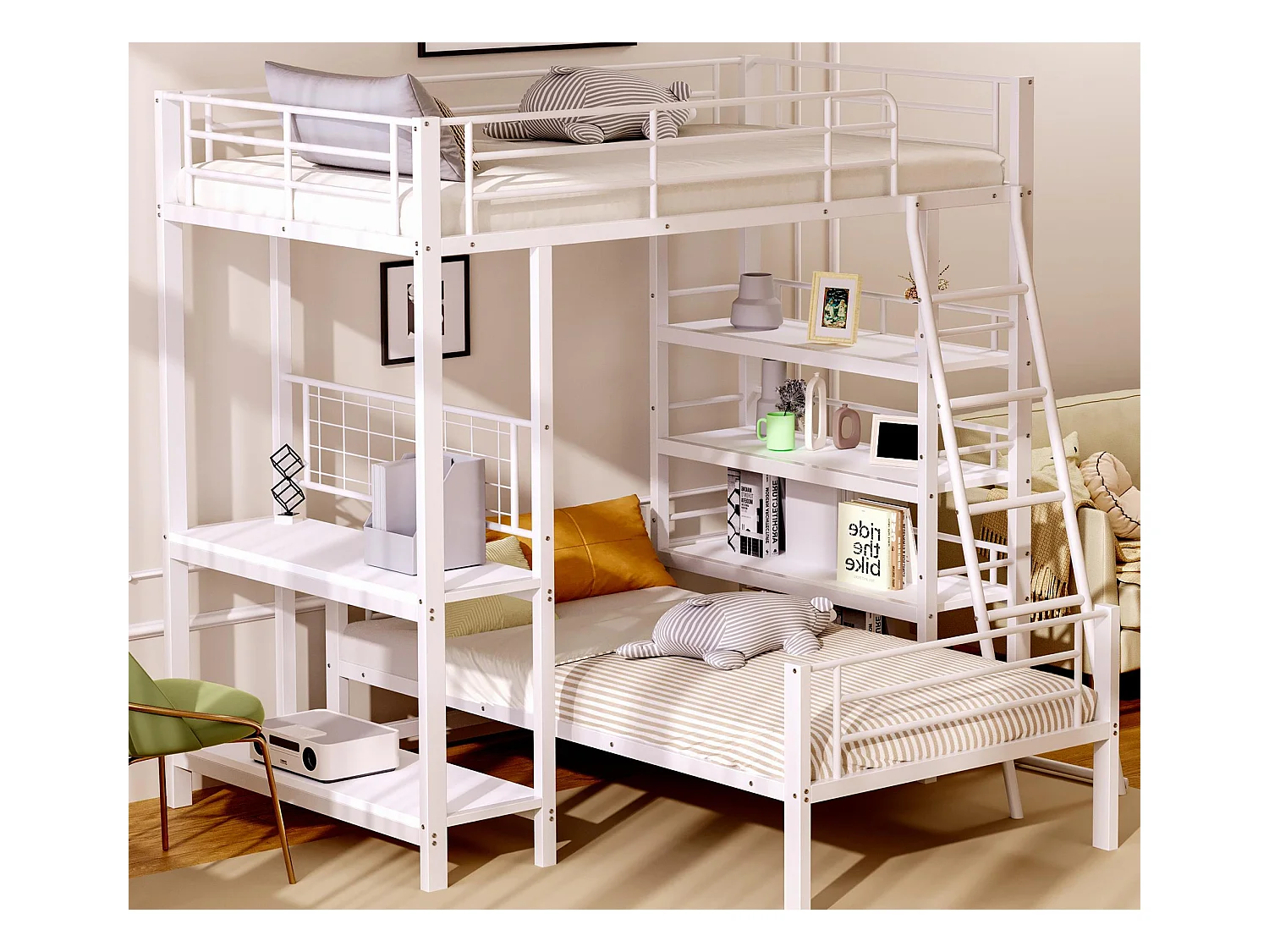 Lit superposé 90X200cm - Avec plusieurs compartiments de rangement - Structure en métal - Avec échelle de sécurité - Avec garde-corps - Blanc (sans matelas)