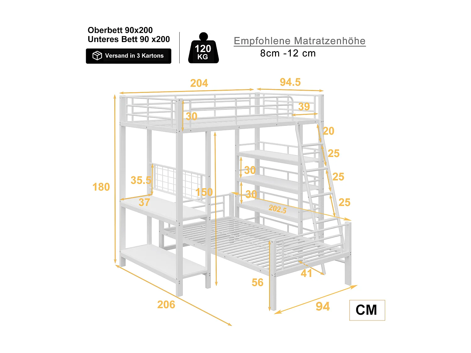 Lit superposé 90X200cm - Avec plusieurs compartiments de rangement - Structure en métal - Avec échelle de sécurité - Avec garde-corps - Blanc (sans matelas)