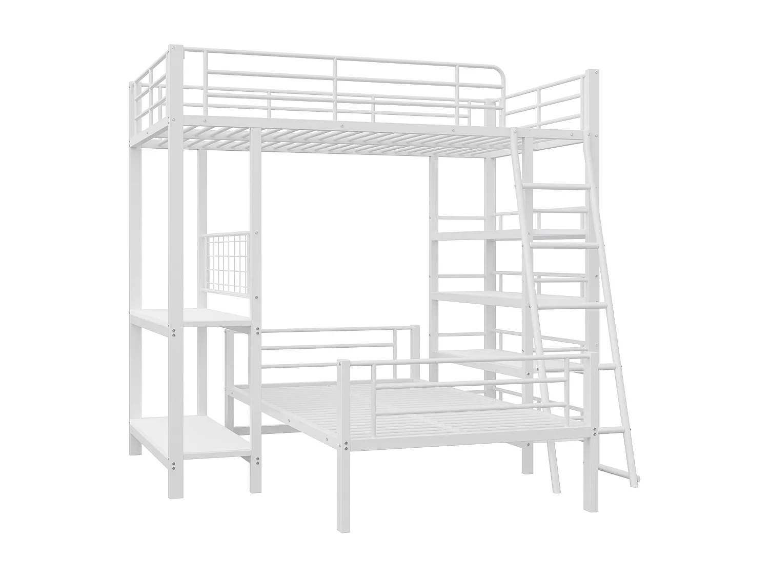 Łóżko piętrowe 90X200cm - Z wieloma schowkami - Metalowa konstrukcja - Z drabiną bezpieczeństwa - Z barierką - Białe (bez materaca)