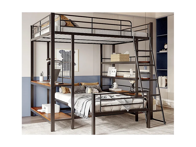 Etagenbett 140x200cm - Mit mehreren Staufächern - Metallstruktur - Mit Sicherheitsleiter - Mit Geländer - Farbe: Schwarz (ohne Matratze)