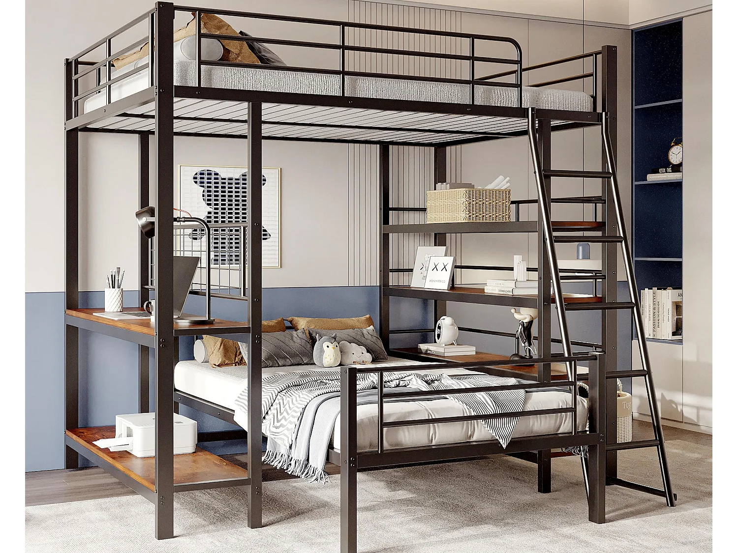 Lit superposé 140X200cm - Avec plusieurs compartiments de rangement - Structure en métal - Avec échelle de sécurité - Avec garde-corps - noir (sans matelas)