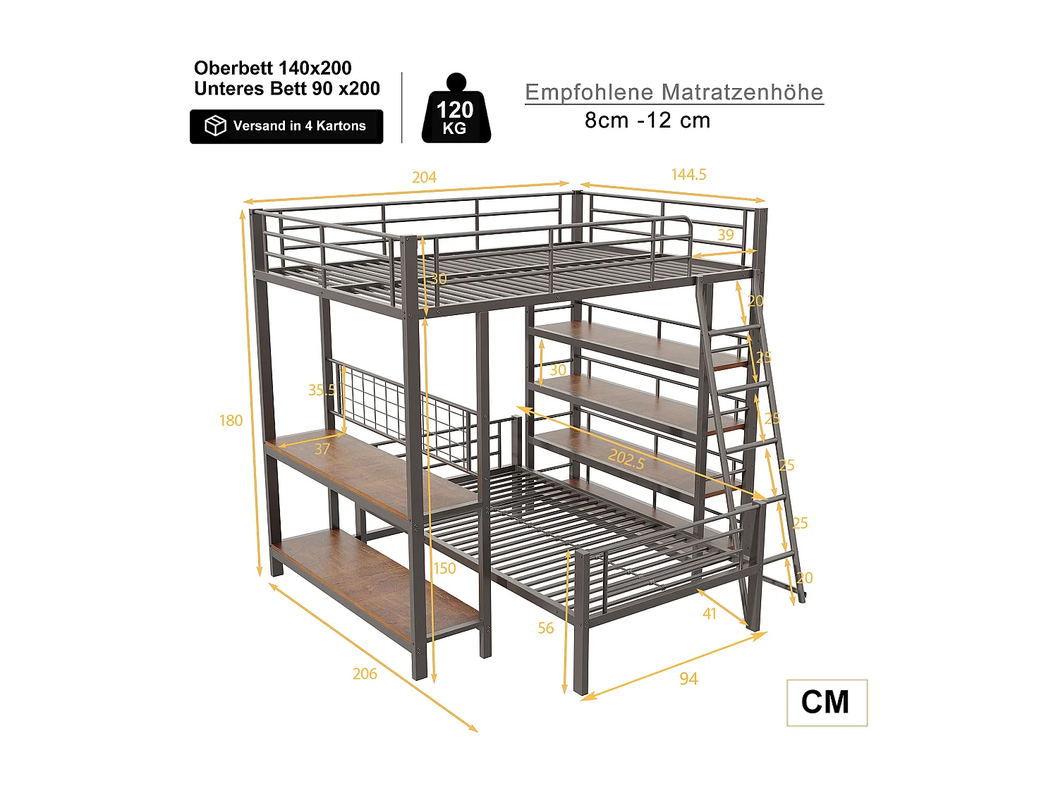 Lit superposé 140X200cm - Avec plusieurs compartiments de rangement - Structure en métal - Avec échelle de sécurité - Avec garde-corps - noir (sans matelas)