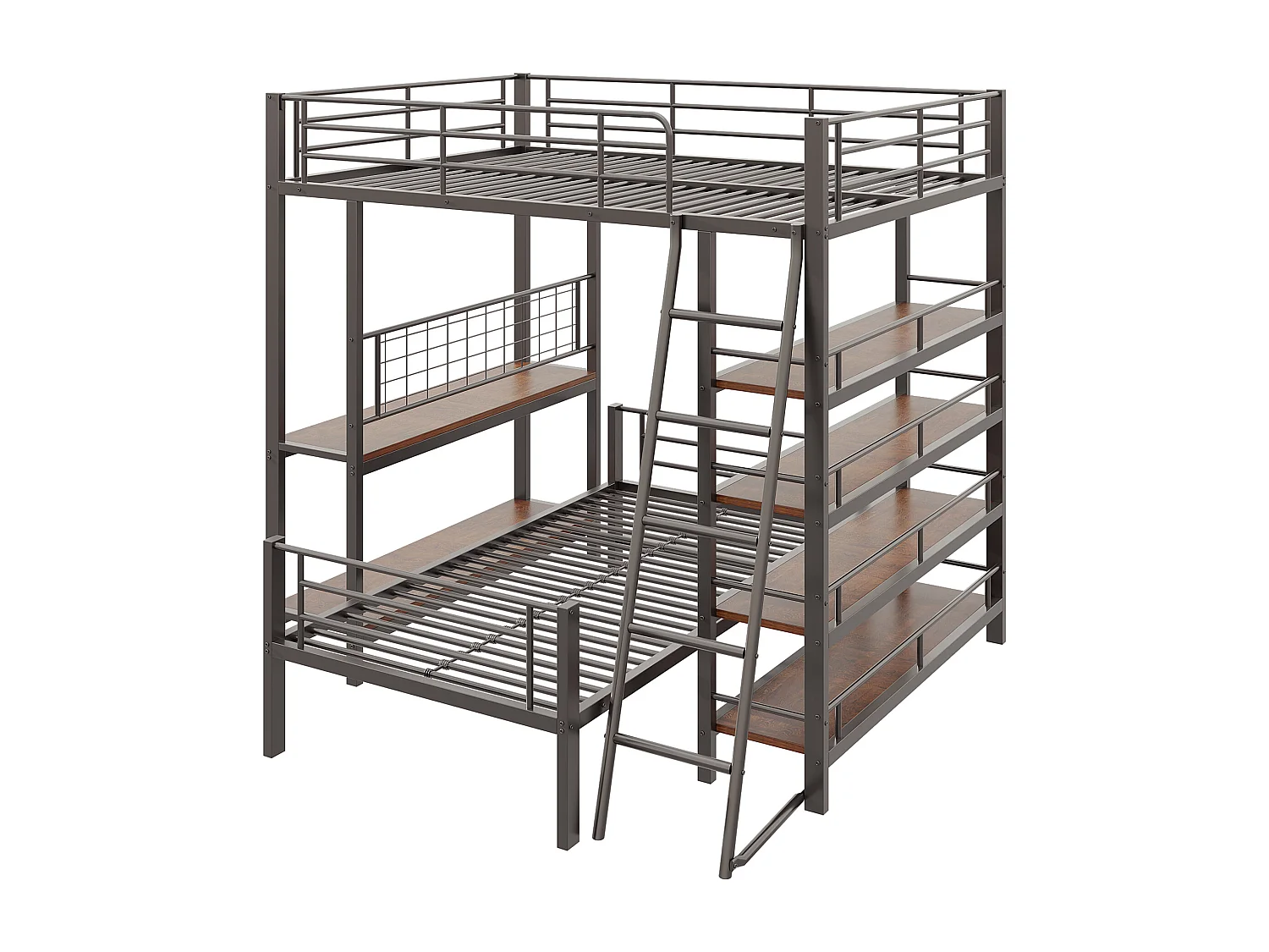 Lit superposé 140X200cm - Avec plusieurs compartiments de rangement - Structure en métal - Avec échelle de sécurité - Avec garde-corps - noir (sans matelas)