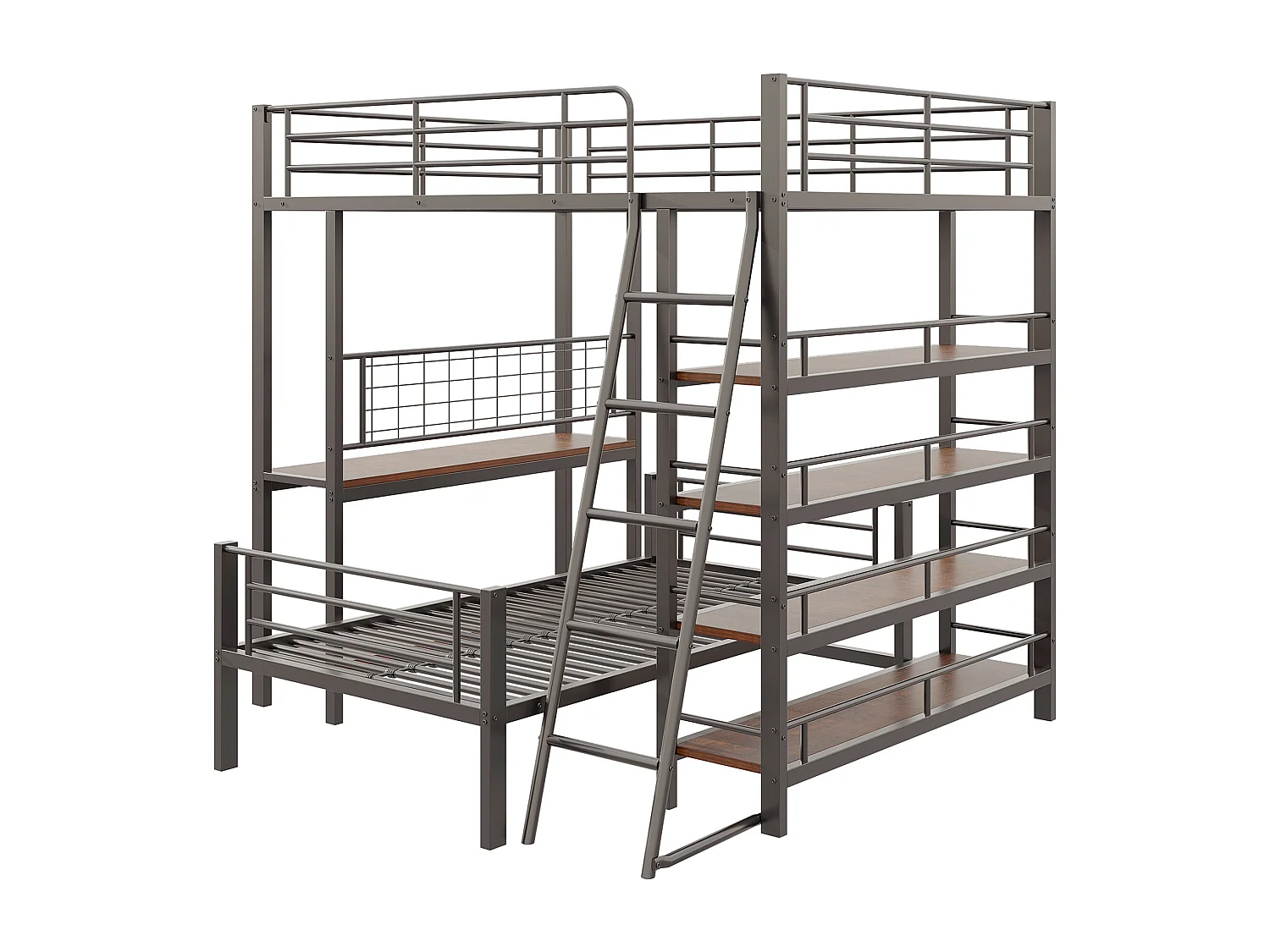 Lit superposé 140X200cm - Avec plusieurs compartiments de rangement - Structure en métal - Avec échelle de sécurité - Avec garde-corps - noir (sans matelas)