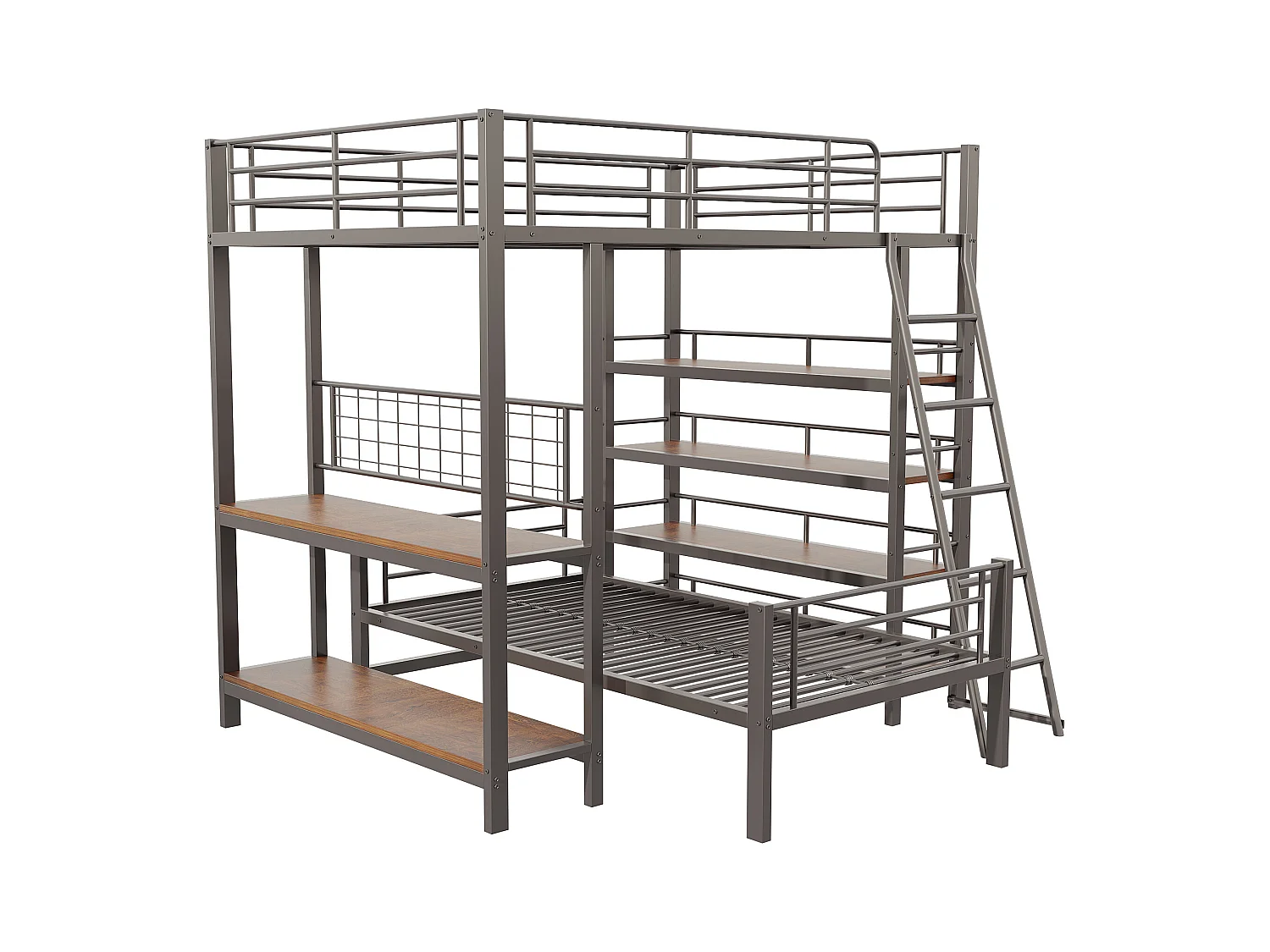 Stapelbed 140x200cm - Met diverse opbergvakken - Metalen constructie - Met veiligheidsladder - Met leuning - Kleur zwart (zonder matras)