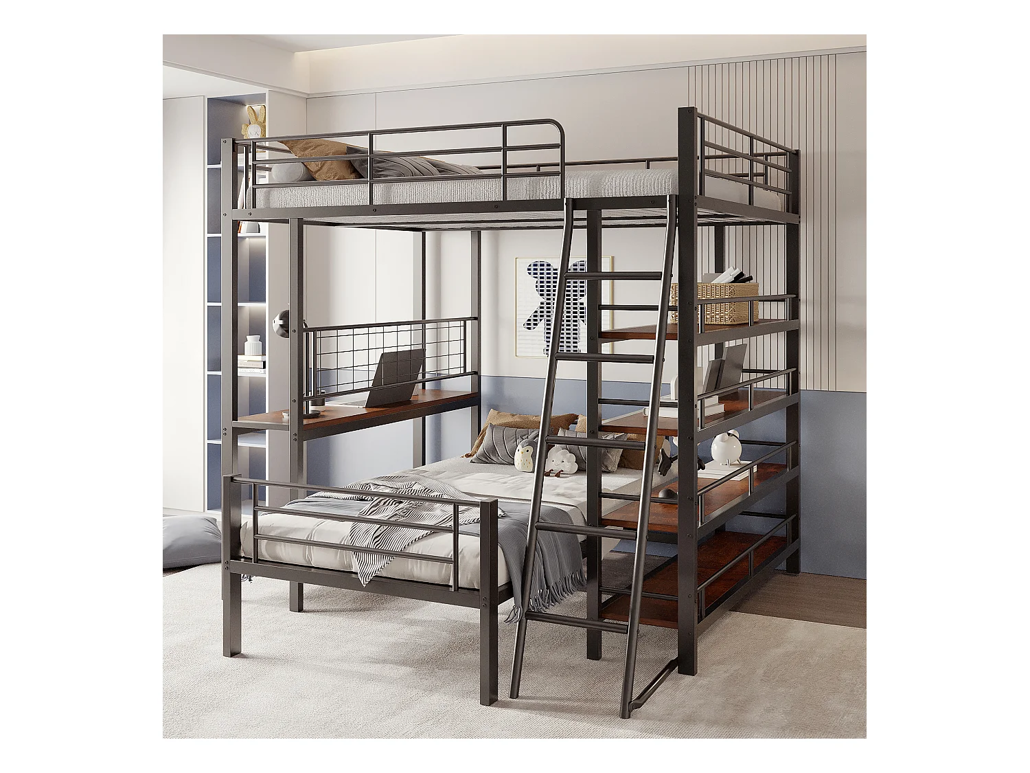 Stapelbed 140x200cm - Met diverse opbergvakken - Metalen constructie - Met veiligheidsladder - Met leuning - Kleur zwart (zonder matras)