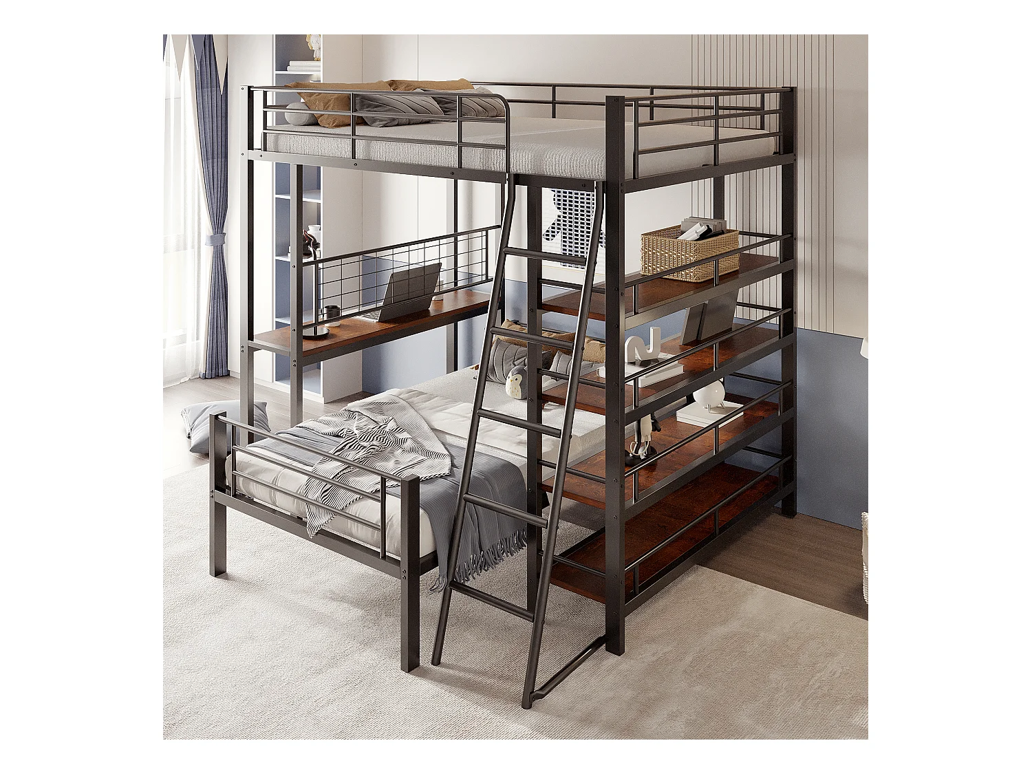 Stapelbed 140x200cm - Met diverse opbergvakken - Metalen constructie - Met veiligheidsladder - Met leuning - Kleur zwart (zonder matras)