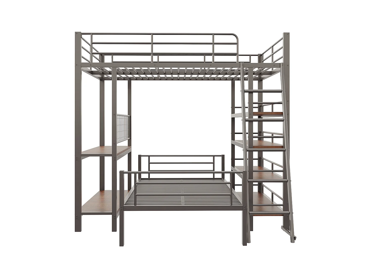 Stapelbed 140x200cm - Met diverse opbergvakken - Metalen constructie - Met veiligheidsladder - Met leuning - Kleur zwart (zonder matras)