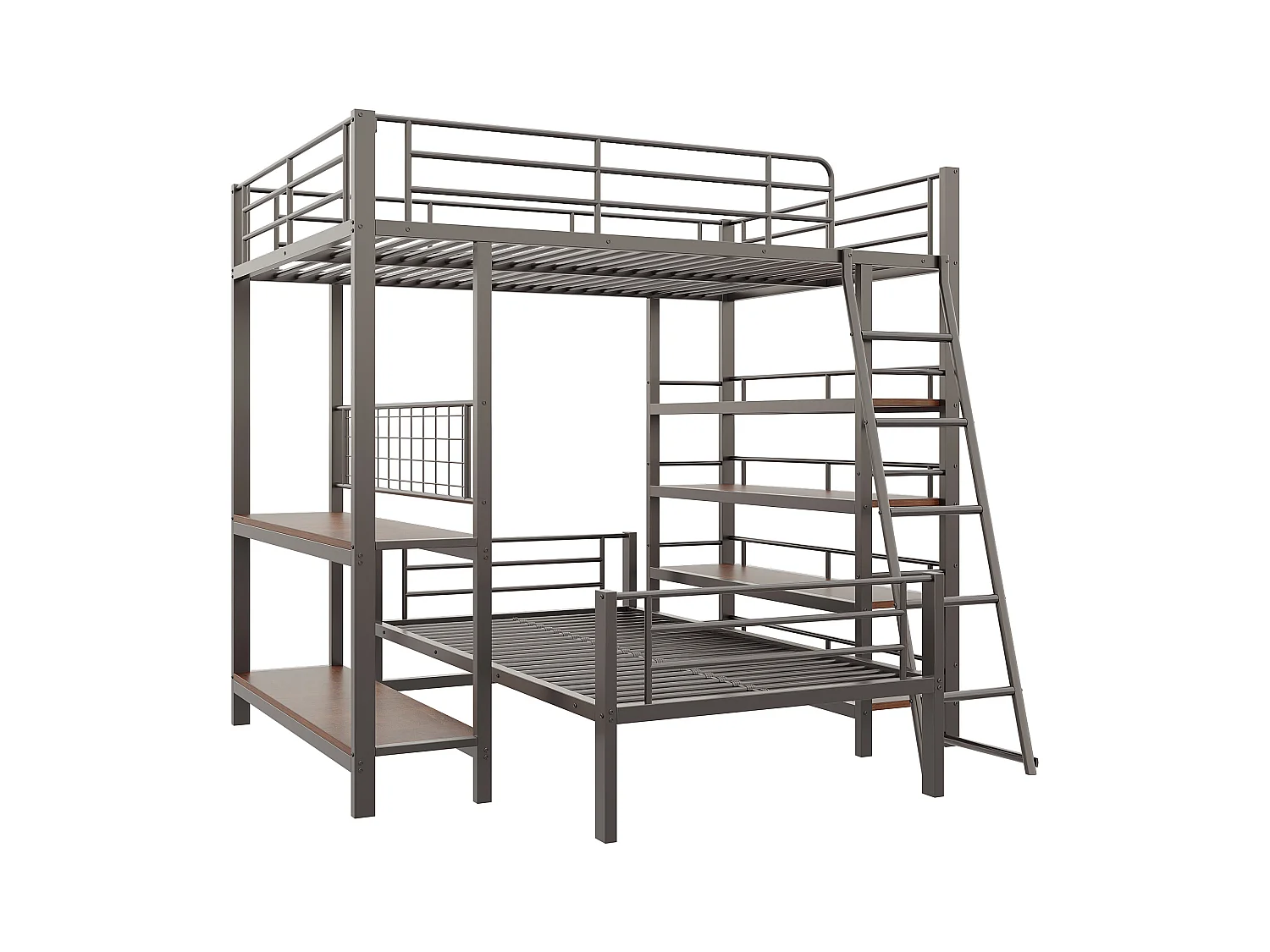 Stapelbed 140x200cm - Met diverse opbergvakken - Metalen constructie - Met veiligheidsladder - Met leuning - Kleur zwart (zonder matras)