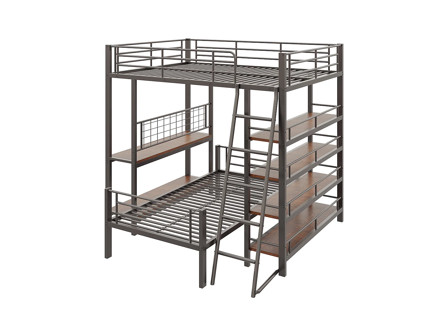 Stapelbed 140x200cm - Met diverse opbergvakken - Metalen constructie - Met veiligheidsladder - Met leuning - Kleur zwart (zonder matras)