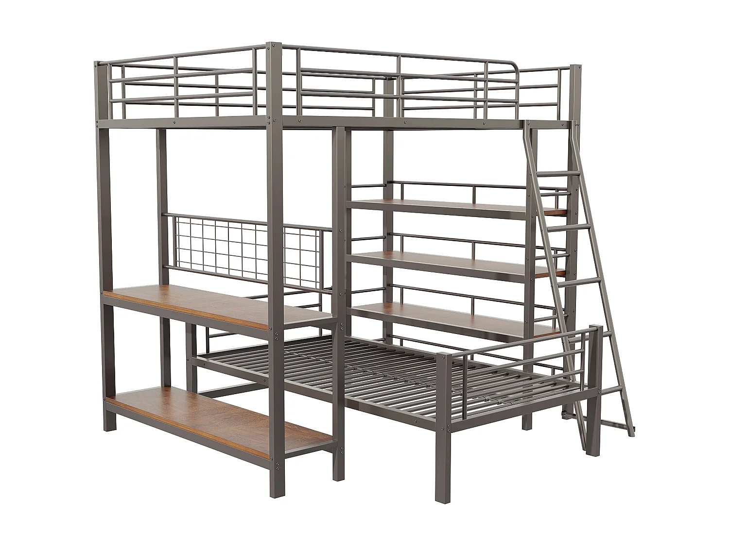 Lit superposé 140X200cm - Avec plusieurs compartiments de rangement - Structure en métal - Avec échelle de sécurité - Avec garde-corps - noir (sans matelas)