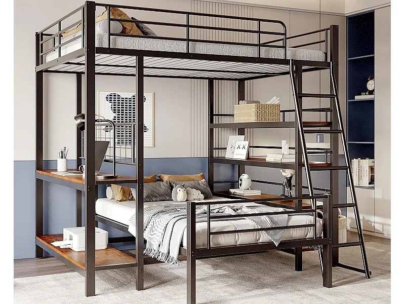 Lit superposé 140X200cm - Avec plusieurs compartiments de rangement - Structure en métal - Avec échelle de sécurité - Avec garde-corps - noir (sans matelas)