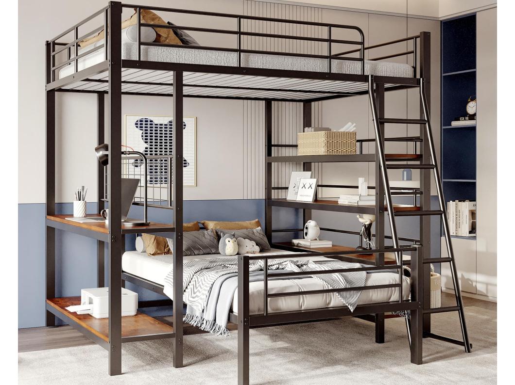 Letto a castello 140X200cm - Con diversi vani contenitore - Struttura in metallo - Con scaletta di sicurezza - Con sponda di protezione - nero (senza materasso)