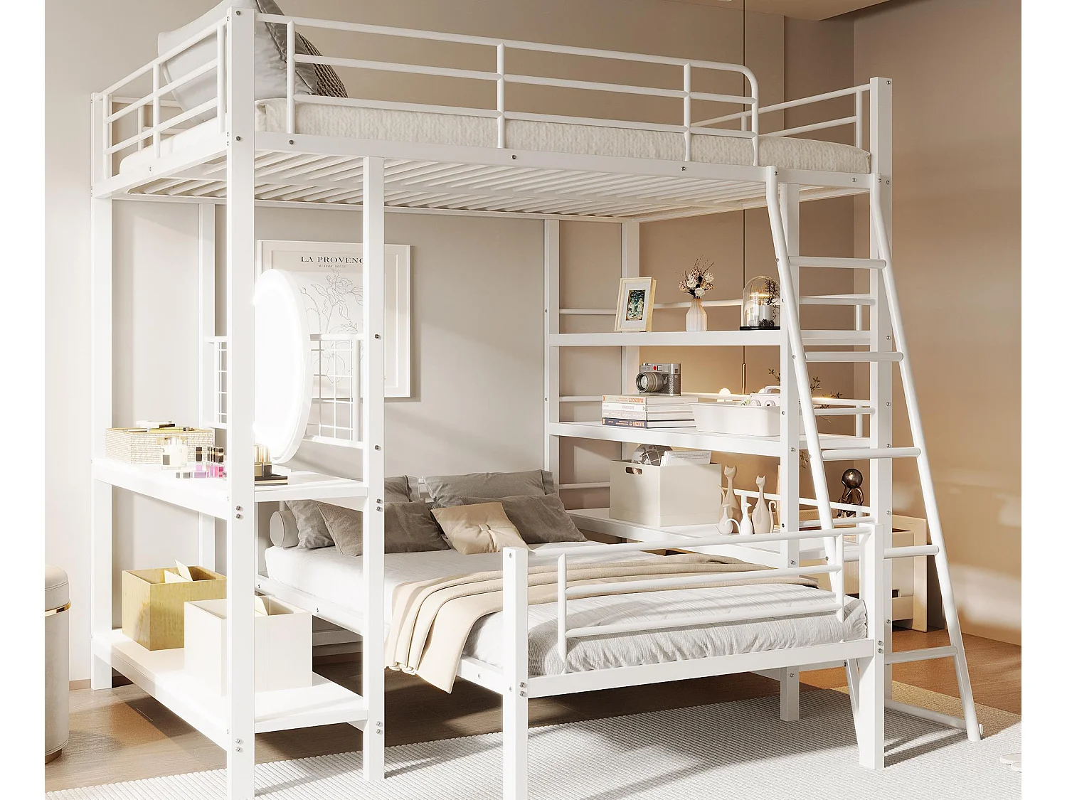 Lit superposé 140X200cm - Avec plusieurs compartiments de rangement - Structure en métal - Avec échelle de sécurité - Avec garde-corps - Blanc (sans matelas)
