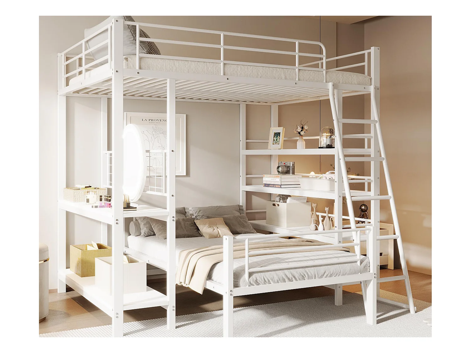 Lit superposé 140X200cm - Avec plusieurs compartiments de rangement - Structure en métal - Avec échelle de sécurité - Avec garde-corps - Blanc (sans matelas)