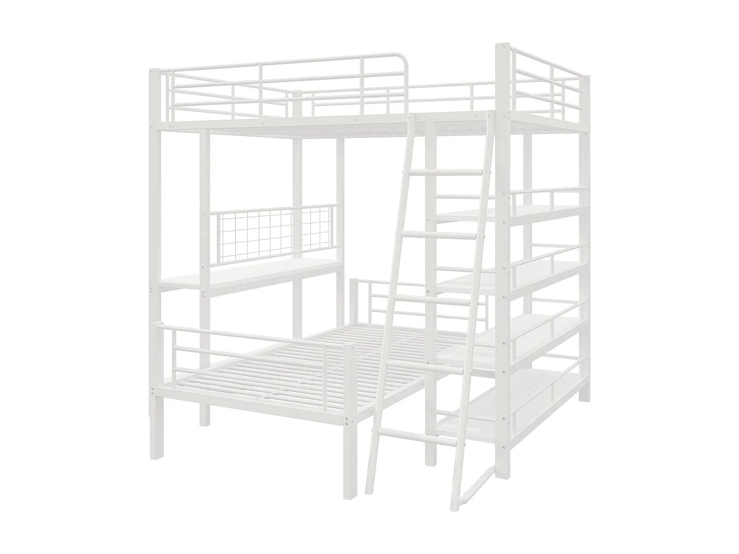 Lit superposé 140X200cm - Avec plusieurs compartiments de rangement - Structure en métal - Avec échelle de sécurité - Avec garde-corps - Blanc (sans matelas)