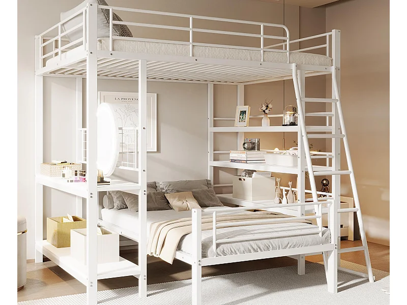 Lit superposé 140X200cm - Avec plusieurs compartiments de rangement - Structure en métal - Avec échelle de sécurité - Avec garde-corps - Blanc (sans matelas)