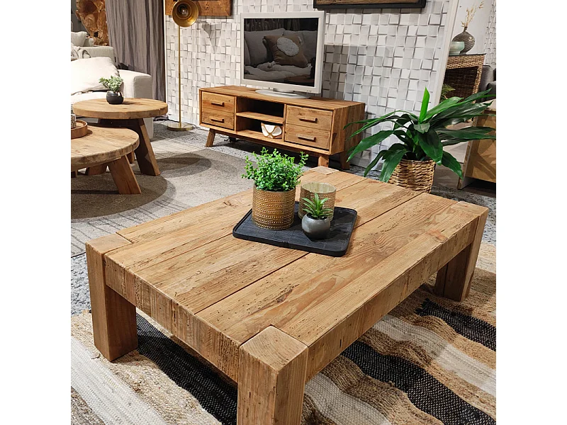 Table basse rectangulaire 117 cm bois de pin massif recyclé - CHALET