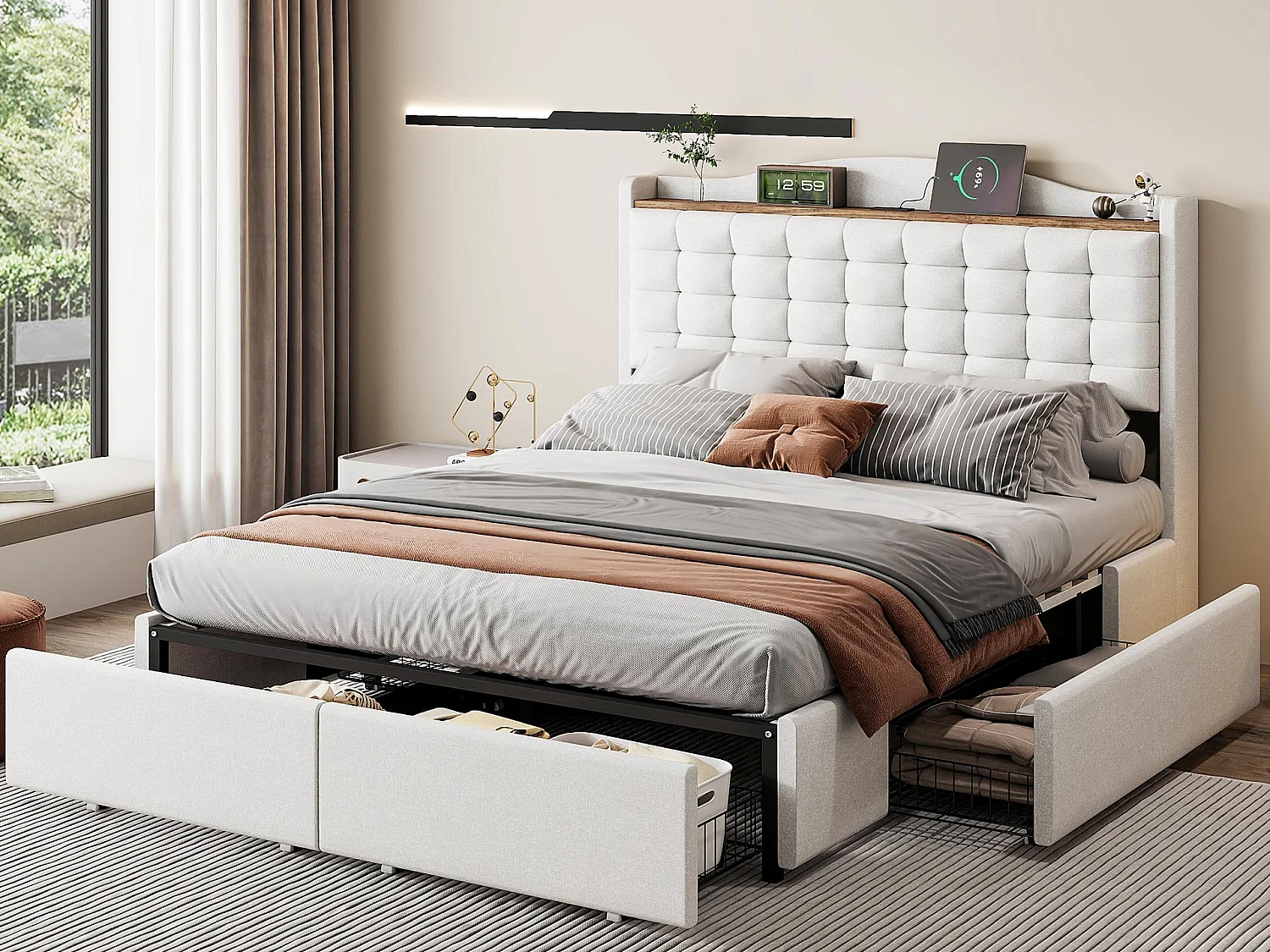 Lit double rembourré 140x200 cm - avec USB - avec 4 tiroirs - lin - beige (matelas non inclus)