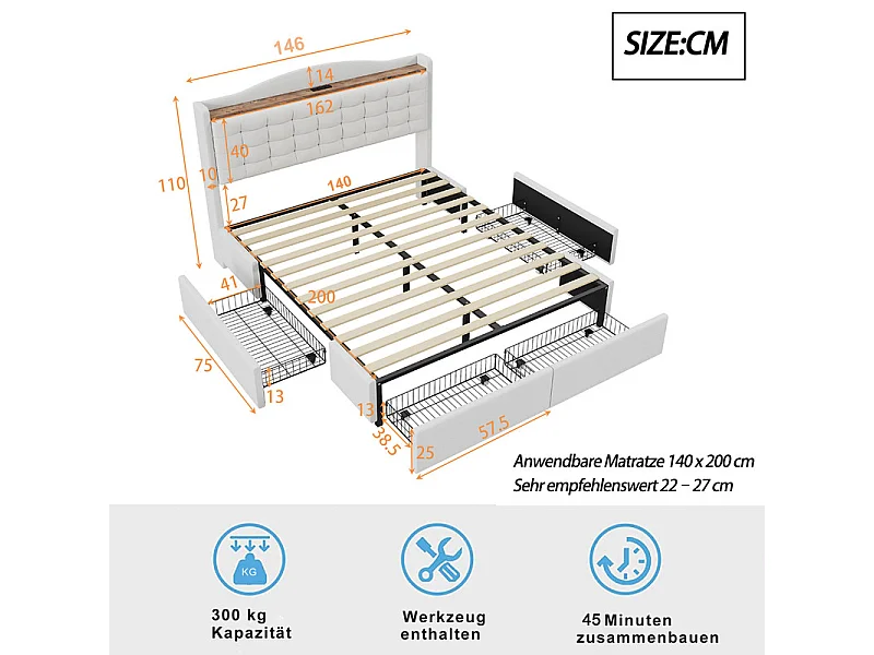 Lit double rembourré 140x200 cm - avec USB - avec 4 tiroirs - lin - beige (matelas non inclus)