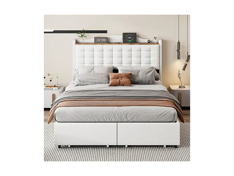 Lit double rembourré 140x200 cm - avec USB - avec 4 tiroirs - lin - beige (matelas non inclus)