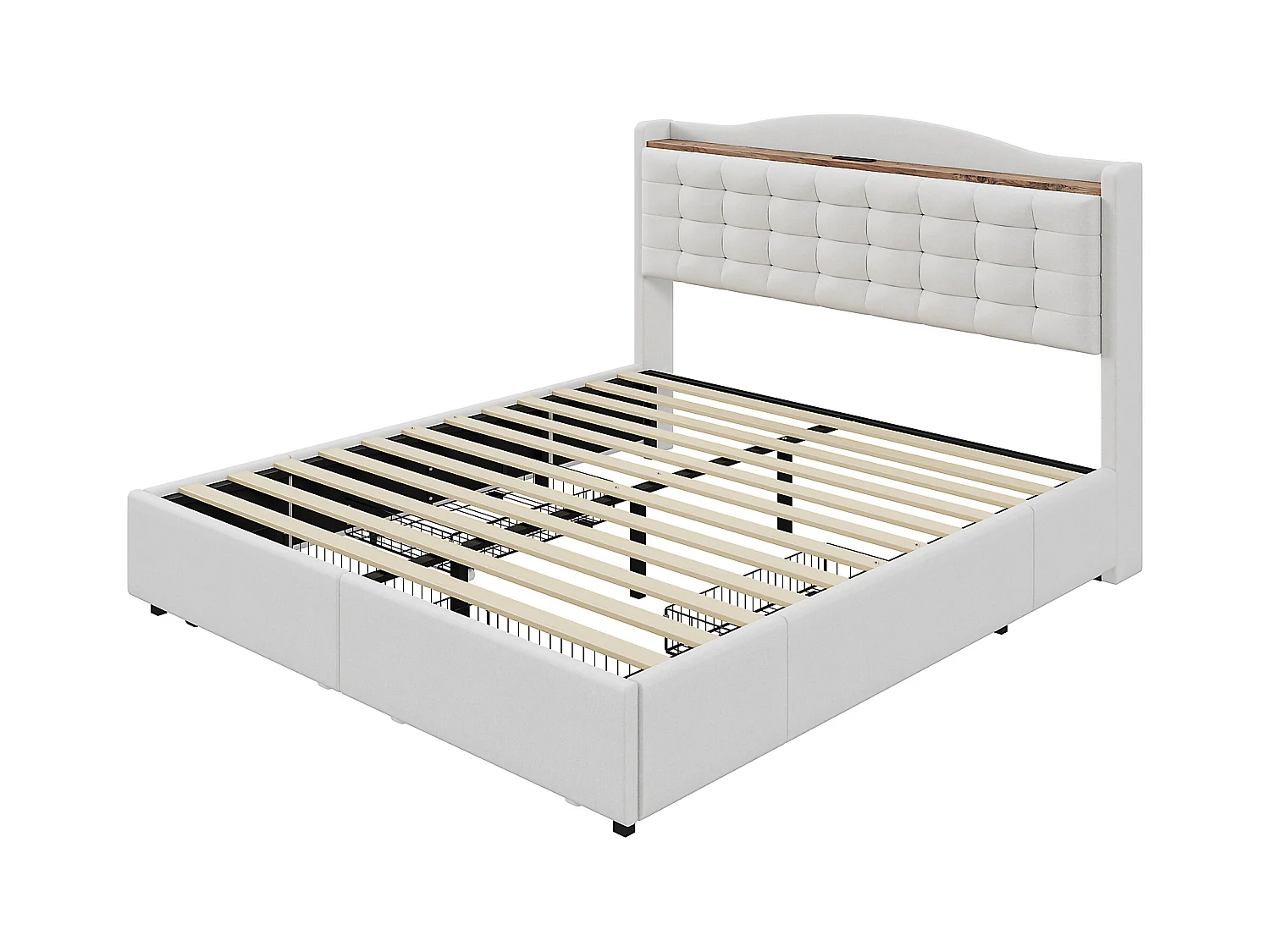 Lit double rembourré 140x200 cm - avec USB - avec 4 tiroirs - lin - beige (matelas non inclus)
