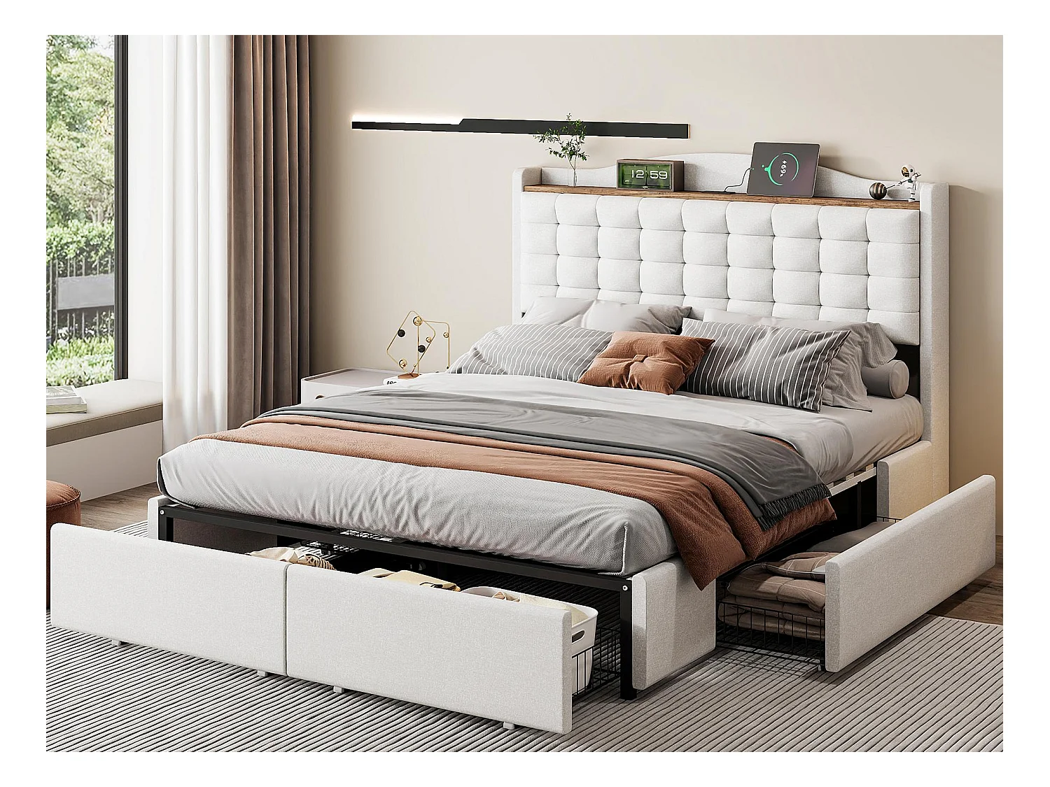 Lit double rembourré 140x200 cm - avec USB - avec 4 tiroirs - lin - beige (matelas non inclus)