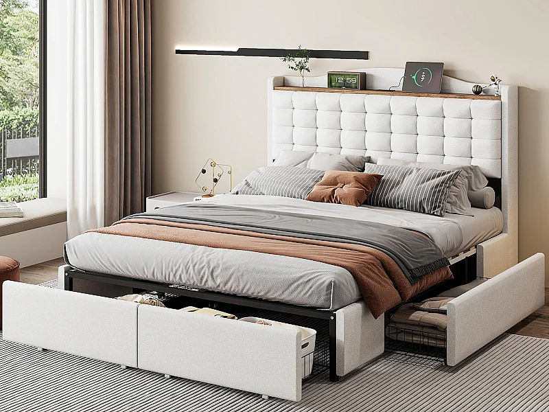 Gepolstertes Doppelbett 140x200 cm – mit USB – mit 4 Schubladen – Leinen – Beige (ohne Matratze)