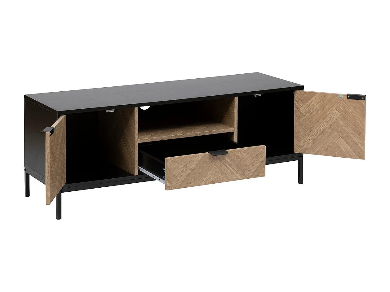 Meuble TV 2 Portes & 1 Tiroir "Chevrons" 120cm Naturel & Noir