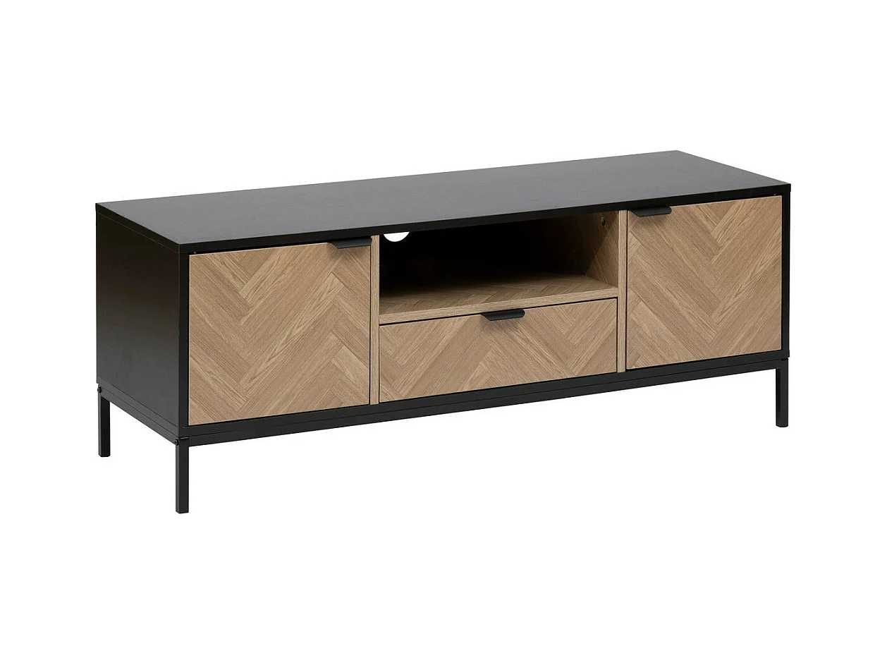 Meuble TV 2 Portes & 1 Tiroir "Chevrons" 120cm Naturel & Noir