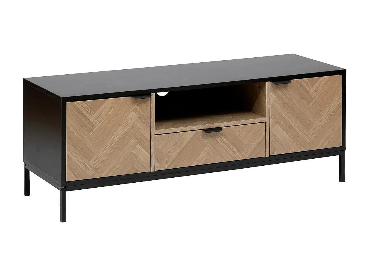 Meuble TV 2 Portes & 1 Tiroir "Chevrons" 120cm Naturel & Noir