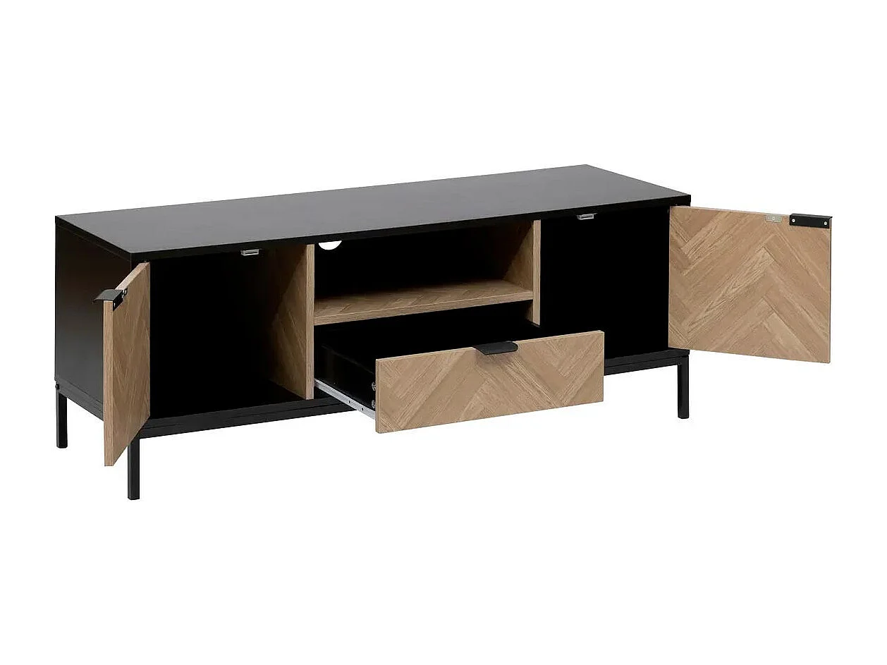 Meuble TV 2 Portes & 1 Tiroir "Chevrons" 120cm Naturel & Noir