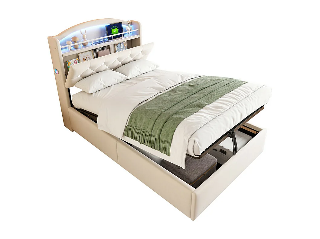 Lit coffre enfant 90x200cm - Velours - - avec LED - avec USB - beige (matelas non inclus)