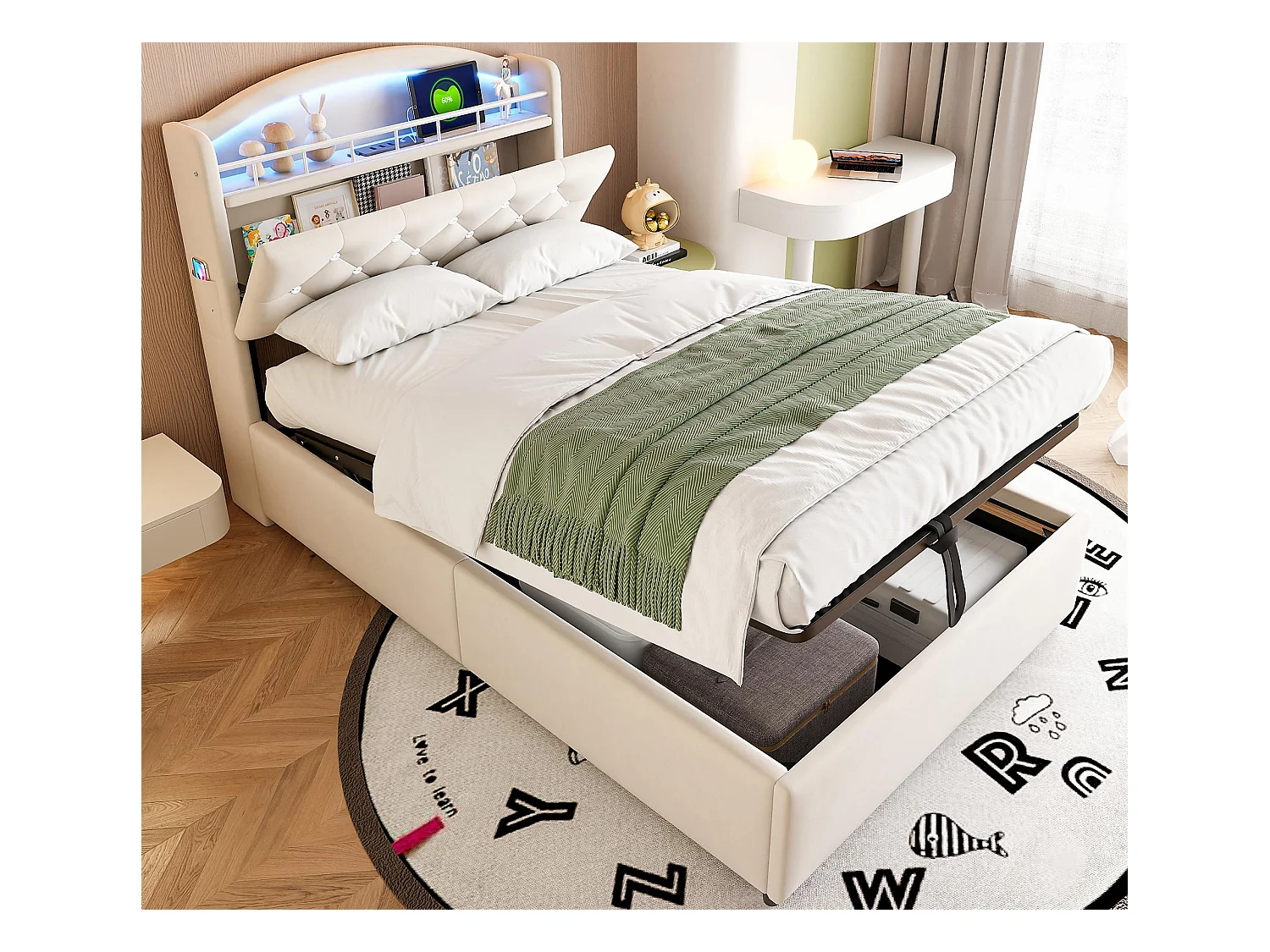 Lit coffre enfant 90x200cm - Velours - - avec LED - avec USB - beige (matelas non inclus)