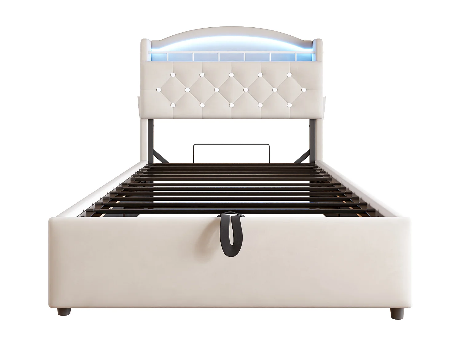 Lit coffre enfant 90x200cm - Velours - - avec LED - avec USB - beige (matelas non inclus)