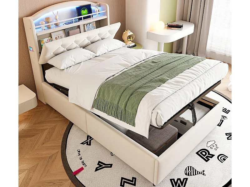 Cama infantil con canapé 90x200cm - Terciopelo - - con LED - con USB - beige (colchón no incluido)