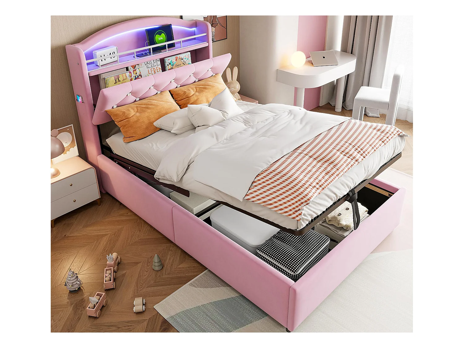 Lit coffre enfant 90x200cm - Velours - - avec LED - avec USB - rose  (matelas non inclus)