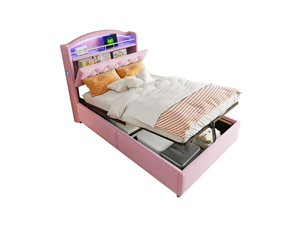 Lit coffre enfant 90x200cm - Velours - - avec LED - avec USB - rose  (matelas non inclus)