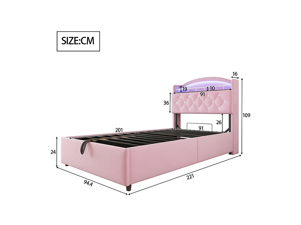 Lit coffre enfant 90x200cm - Velours - - avec LED - avec USB - rose  (matelas non inclus)