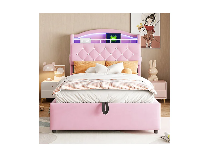 Lit coffre enfant 90x200cm - Velours - - avec LED - avec USB - rose  (matelas non inclus)