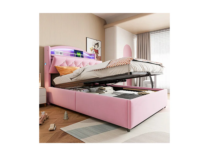 Lit coffre enfant 90x200cm - Velours - - avec LED - avec USB - rose  (matelas non inclus)