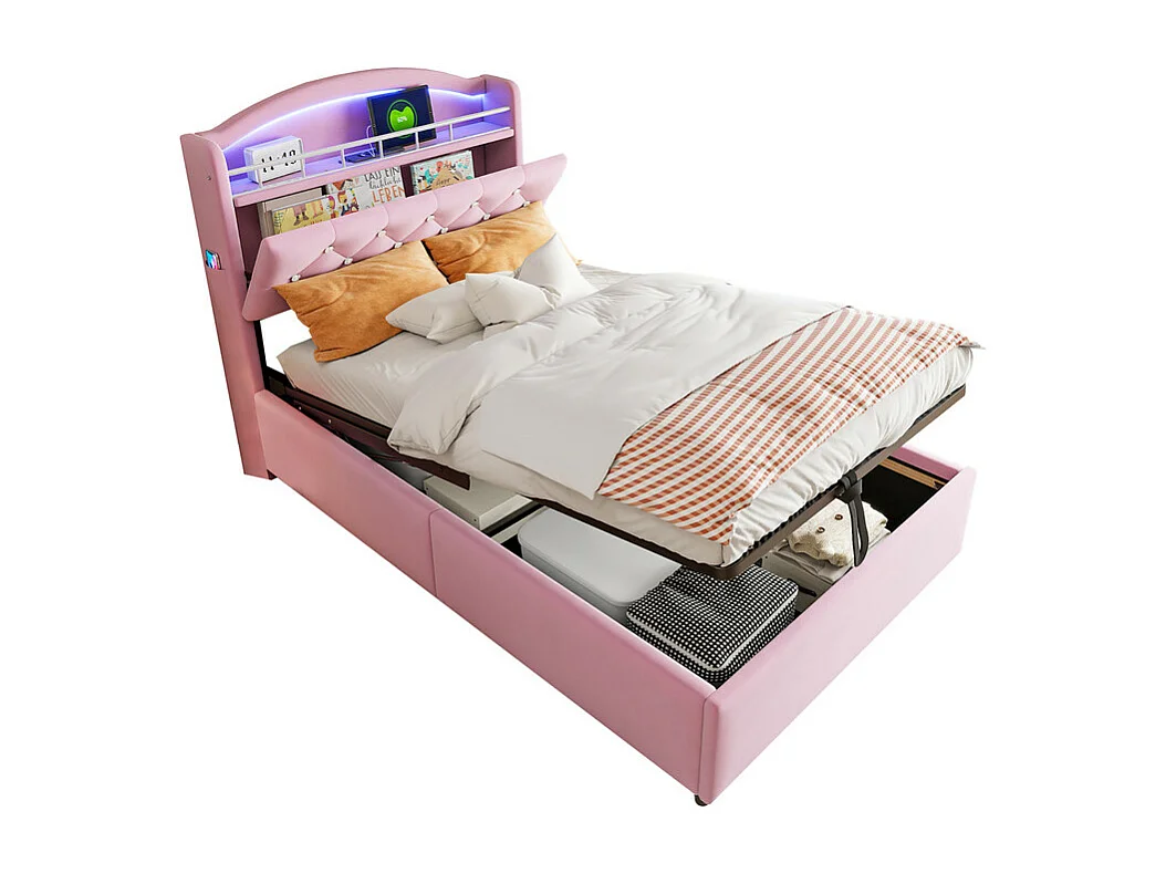 Lit coffre enfant 90x200cm - Velours - - avec LED - avec USB - rose  (matelas non inclus)