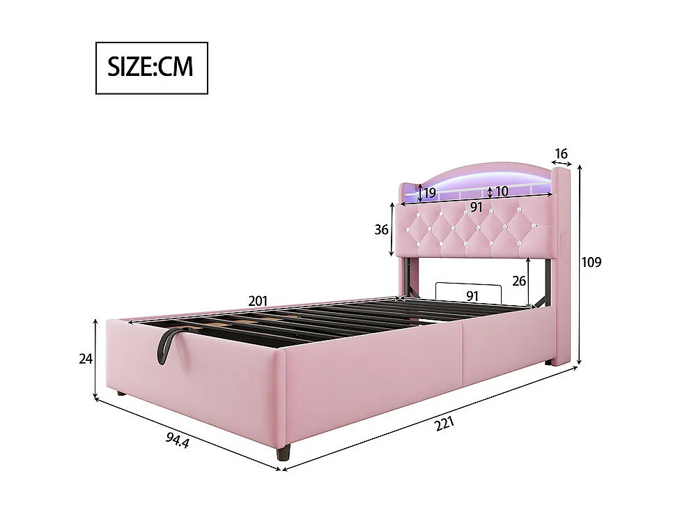 Lit coffre enfant 90x200cm - Velours - - avec LED - avec USB - rose  (matelas non inclus)