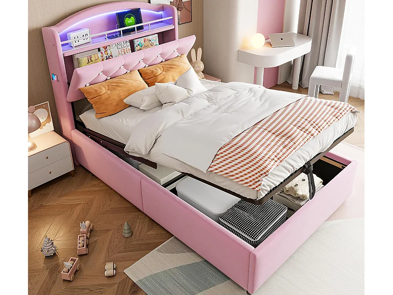 Kinderbed met opbergruimte 90x200cm - Fluweel - - met LED - met USB - roze (matras niet inbegrepen)