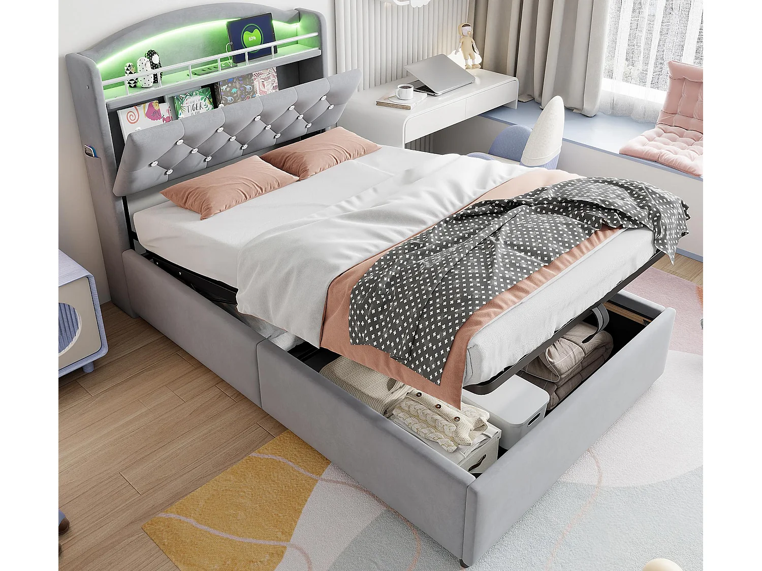 Letto contenitore per bambini 90x200cm - Velvet - - con LED - con USB - Grigio (materasso non incluso)