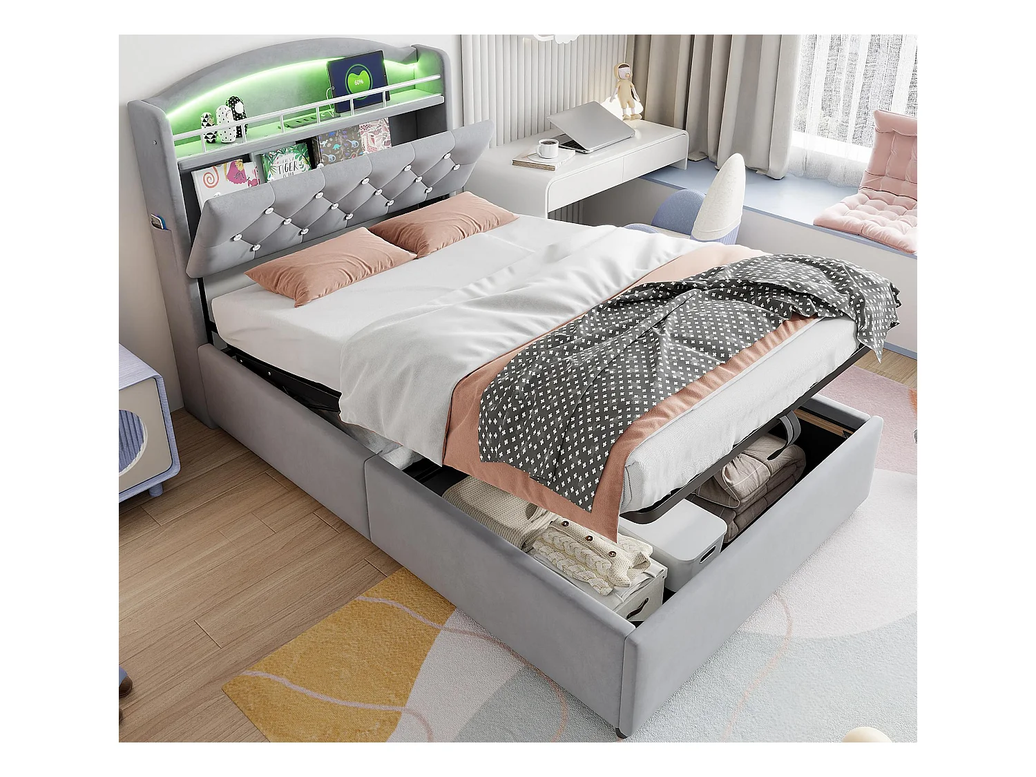 Lit coffre enfant 90x200cm - Velours - - avec LED - avec USB - Gris (matelas non inclus)