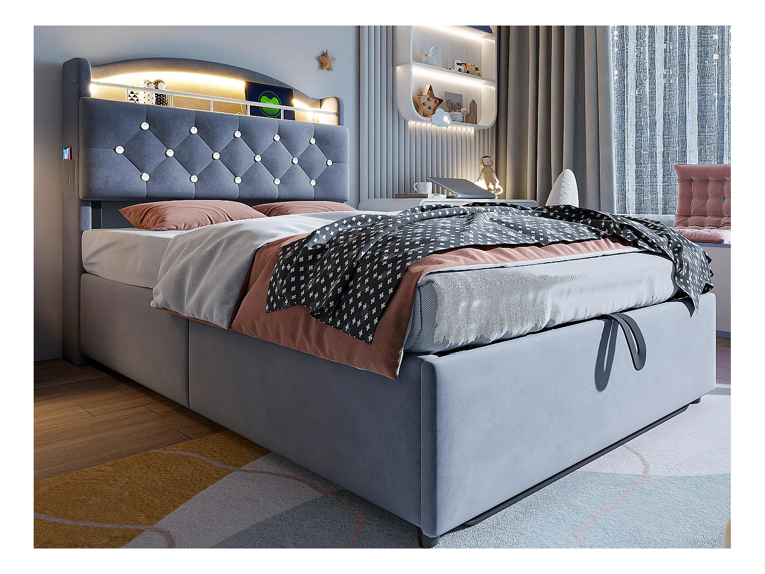 Lit coffre enfant 90x200cm - Velours - - avec LED - avec USB - Gris (matelas non inclus)